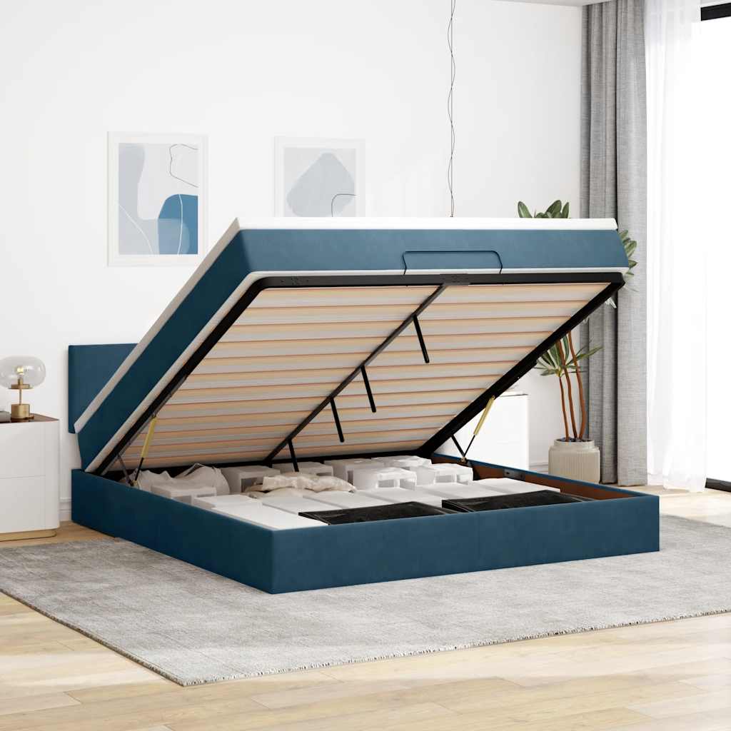 Cadre de lit ottoman avec matelas bleu foncé 180x200 cm velours - XIOS