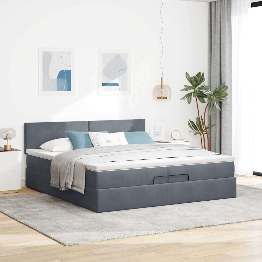 Cadre de lit ottoman avec matelas gris foncé 200x200 cm velours - XIOS