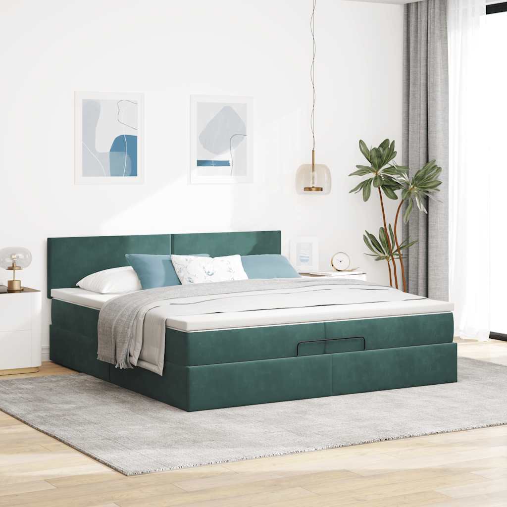 Cadre de lit ottoman avec matelas vert foncé 200x200 cm velours - XIOS