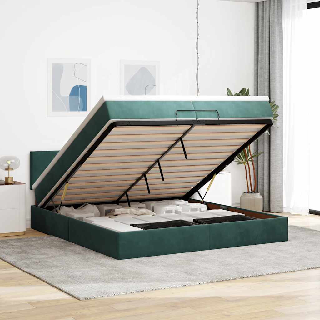 Cadre de lit ottoman avec matelas vert foncé 200x200 cm velours - XIOS
