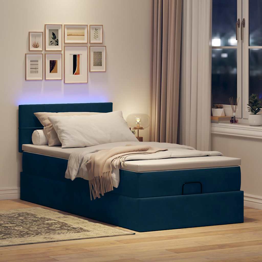Lit ottoman avec matelas et LED bleu foncé 80x200cm velours - XIOS