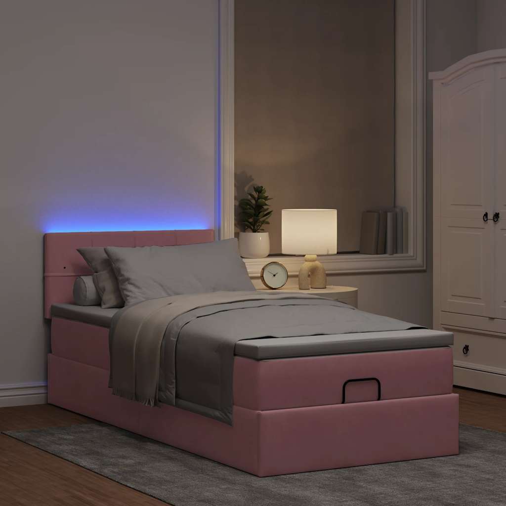 Lit ottoman avec matelas et LED rose 80x200cm velours - XIOS