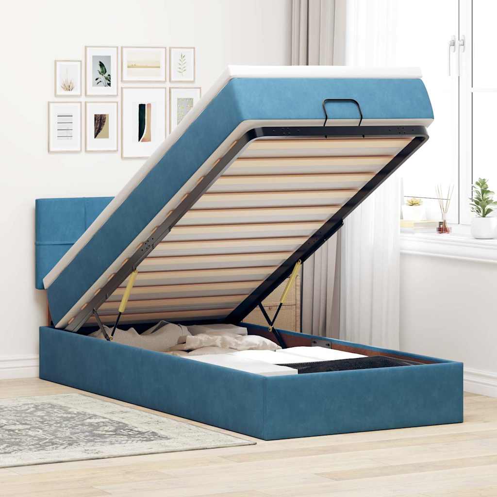 Cadre de lit ottoman avec matelas bleu foncé 90x190 cm velours - XIOS