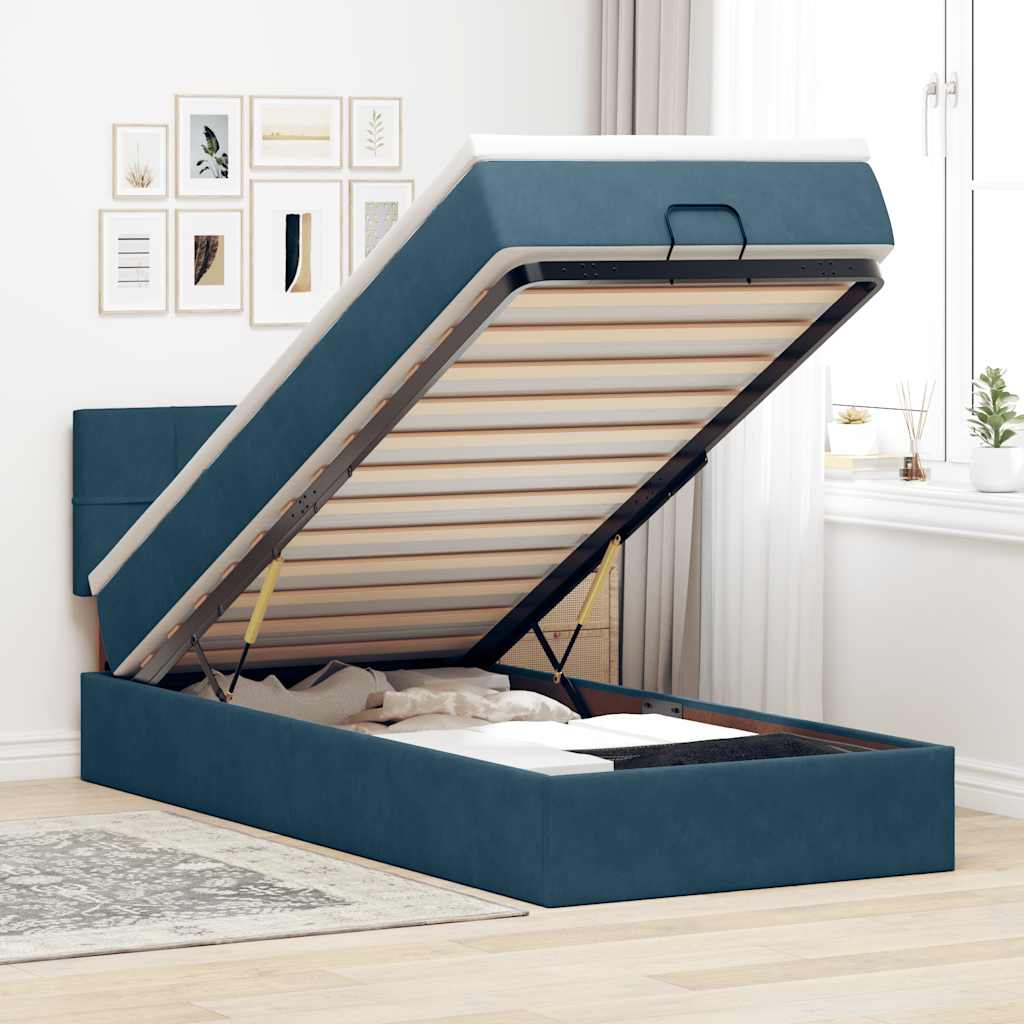 Cadre de lit ottoman avec matelas bleu foncé 90x190 cm velours - XIOS