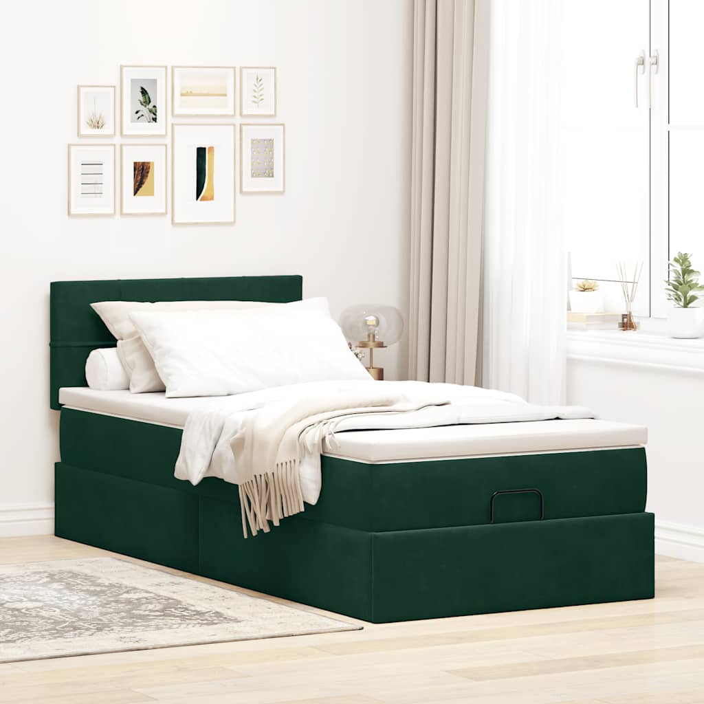 Lit ottoman avec matelas et LED Vert foncé 90x200cm velours - XIOS