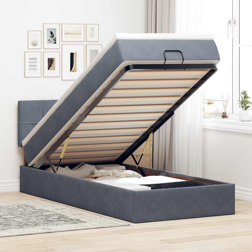 Cadre de lit ottoman avec matelas gris foncé 100x200 cm velours - XIOS