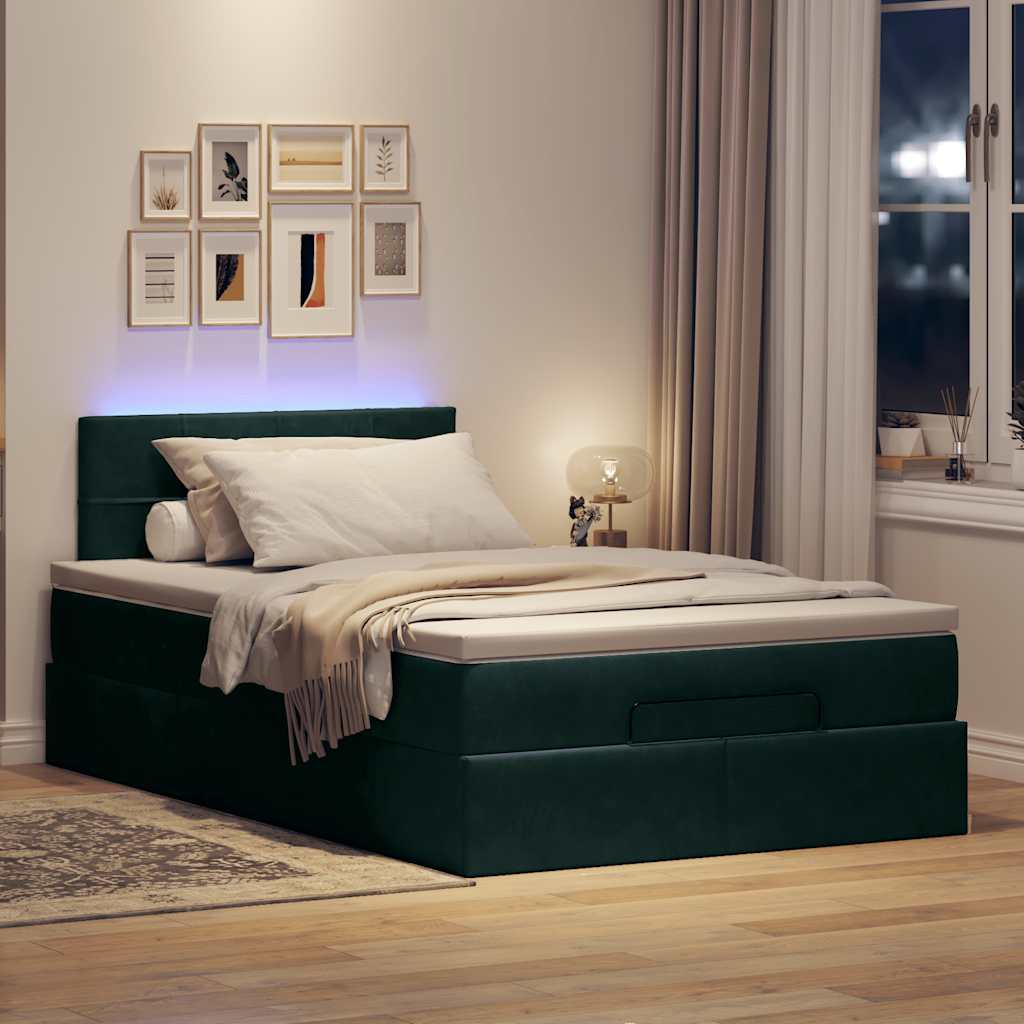 Lit ottoman avec matelas et LED vert foncé 90x200cm velours - XIOS