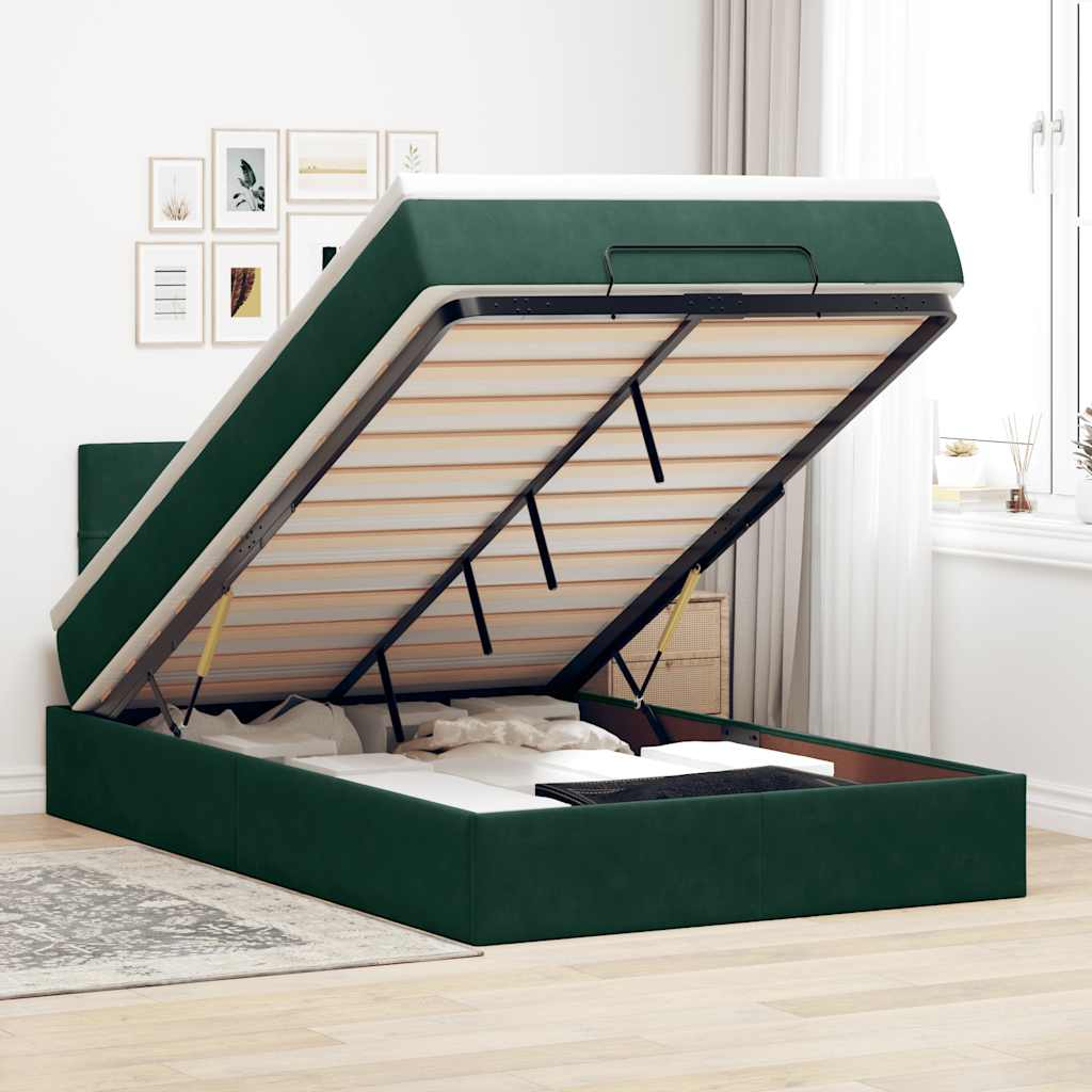 Lit ottoman avec matelas et LED vert foncé 90x200cm velours - XIOS