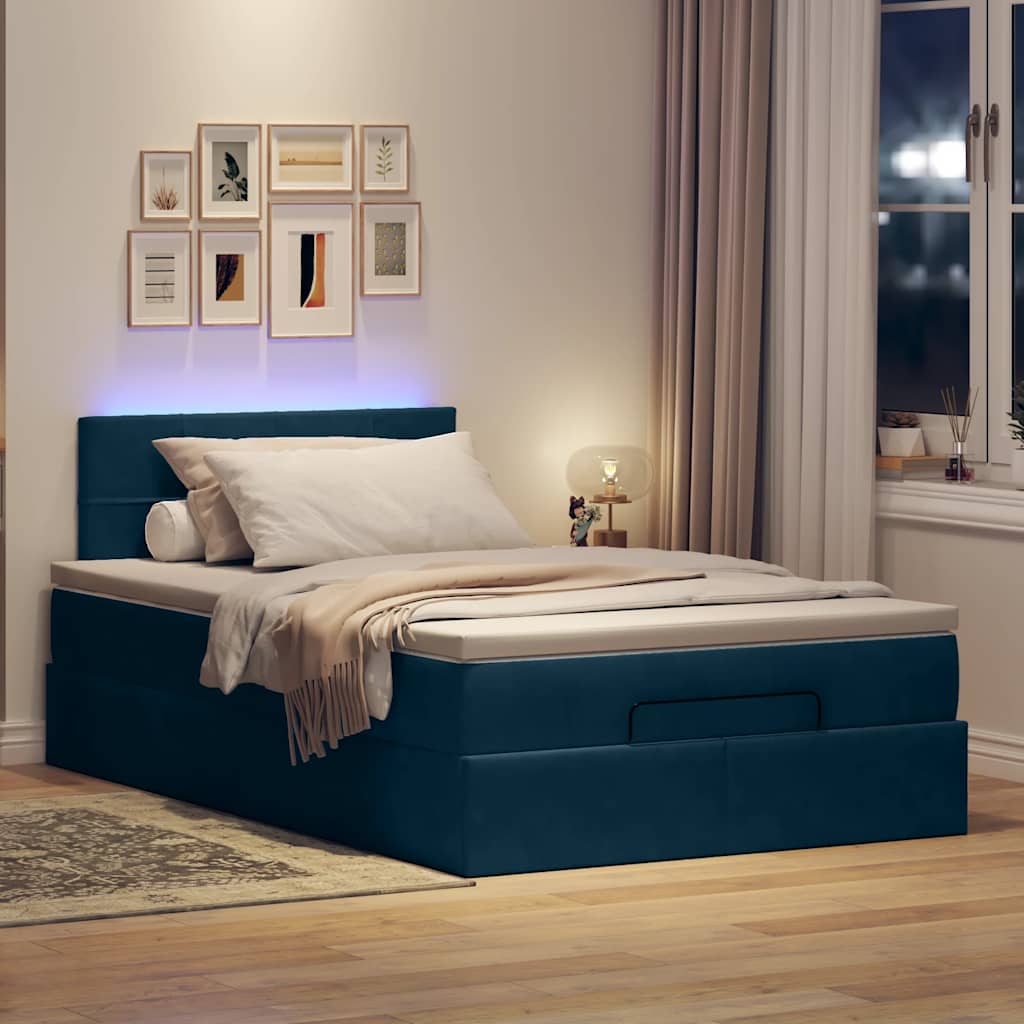 Lit ottoman avec matelas et LED bleu foncé 90x200cm velours - XIOS