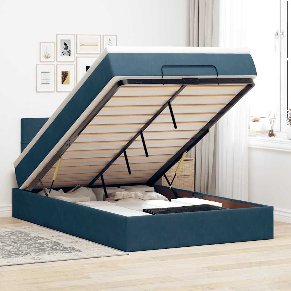 Lit ottoman avec matelas et LED bleu foncé 90x200cm velours - XIOS