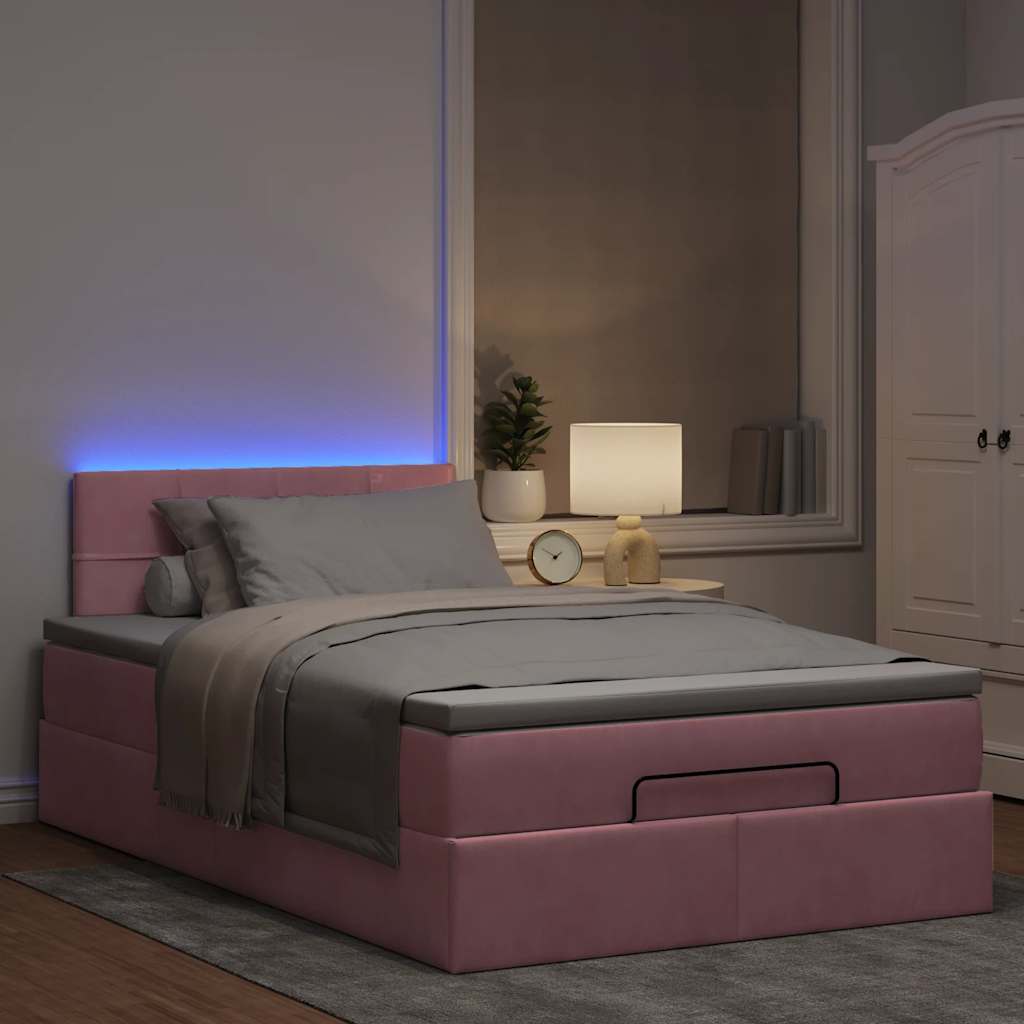 Lit ottoman avec matelas et LED rose 120x190 cm velours