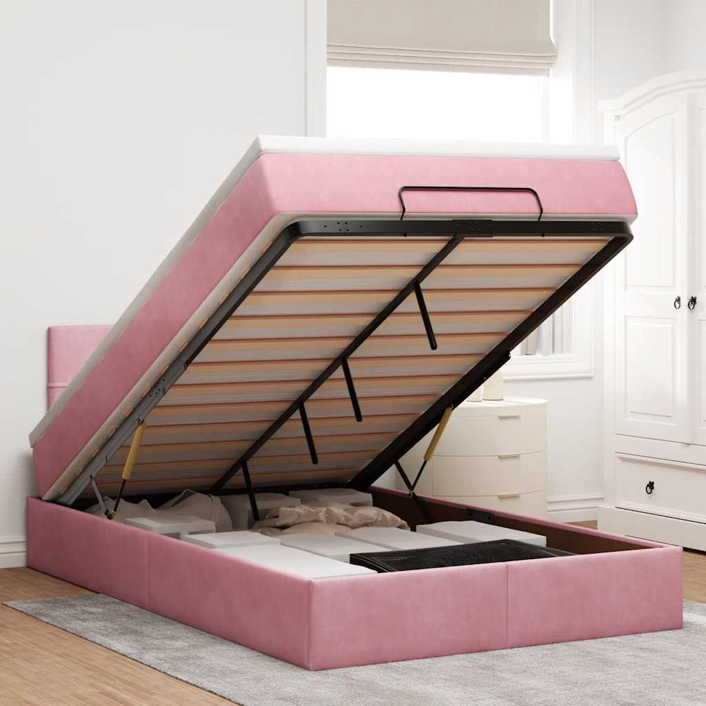 Cadre de lit ottoman avec matelas rose 120x200 cm velours - XIOS