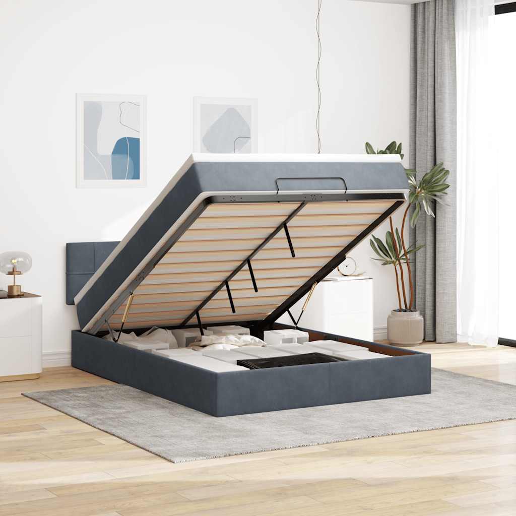 Cadre de lit ottoman avec matelas gris foncé 140x200 cm velours - XIOS