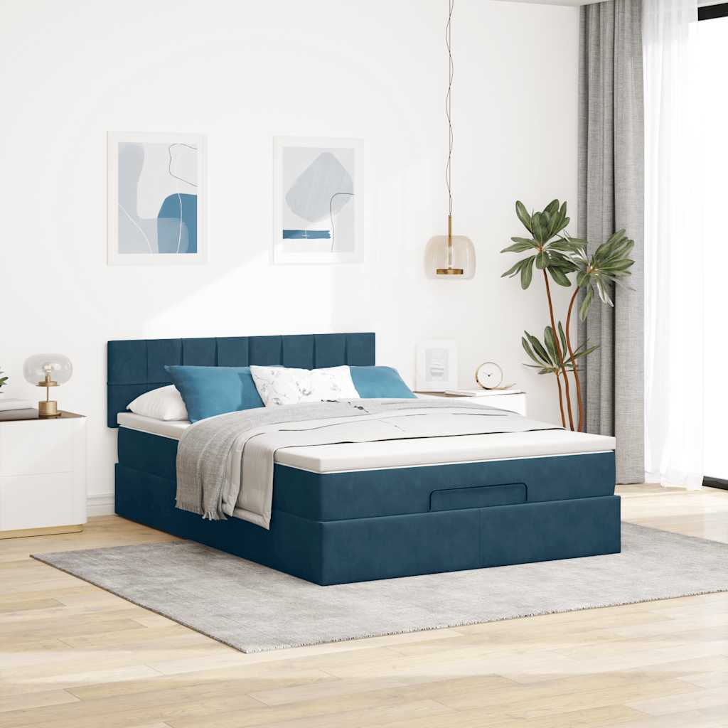 Cadre de lit ottoman avec matelas bleu foncé 140x200 cm velours - XIOS