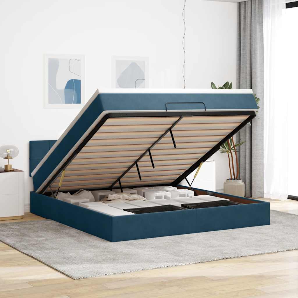 Cadre de lit ottoman avec matelas bleu foncé 160x200 cm velours - XIOS