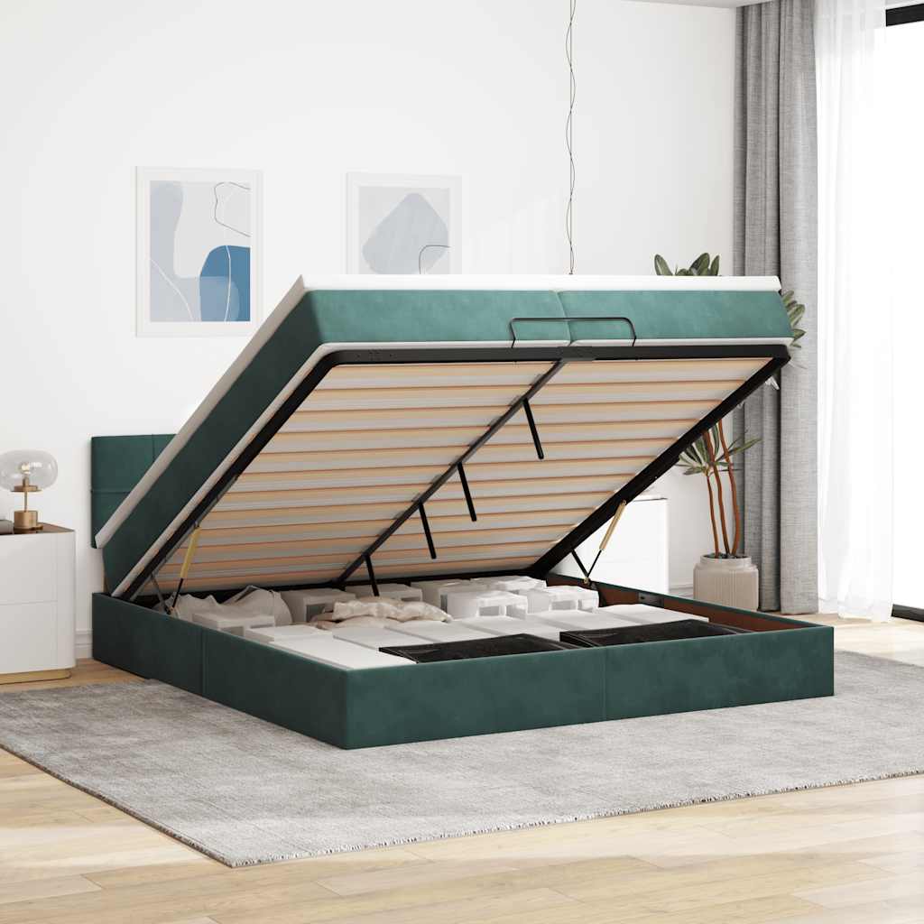 Cadre de lit ottoman avec matelas vert foncé 200x200 cm velours - XIOS