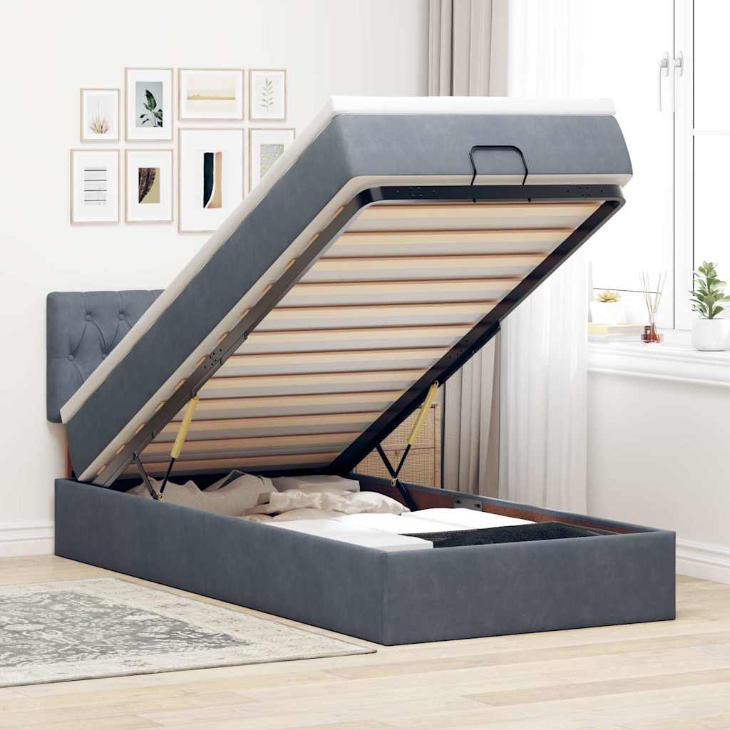 Cadre de lit ottoman avec matelas gris foncé 80x200 cm velours - XIOS