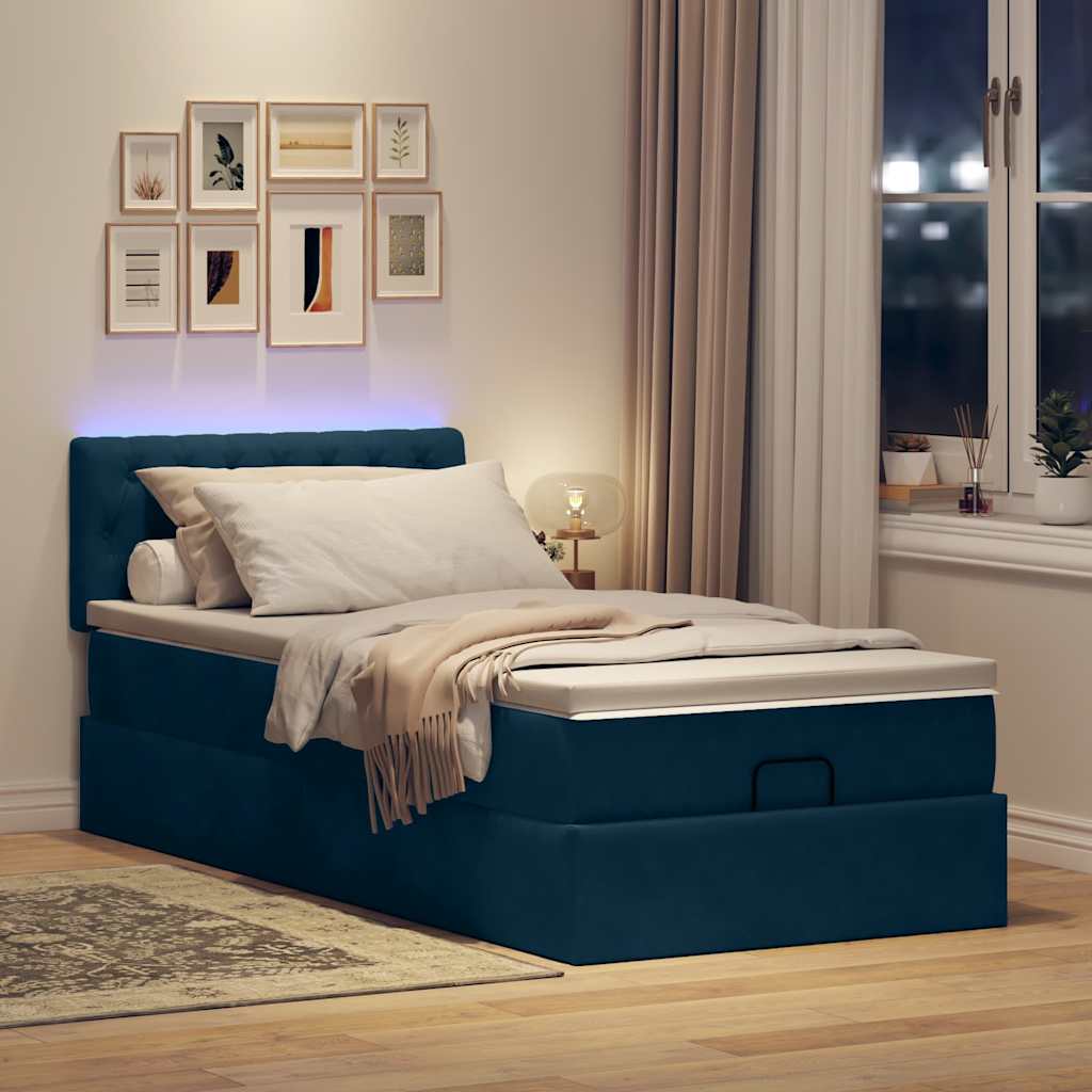 Lit ottoman avec matelas et LED bleu foncé 80x200cm velours - XIOS