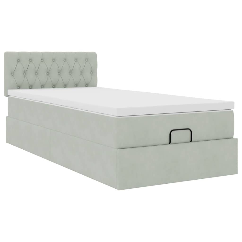 Cadre de lit ottoman et matelas gris clair 90x190 cm velours - XIOS