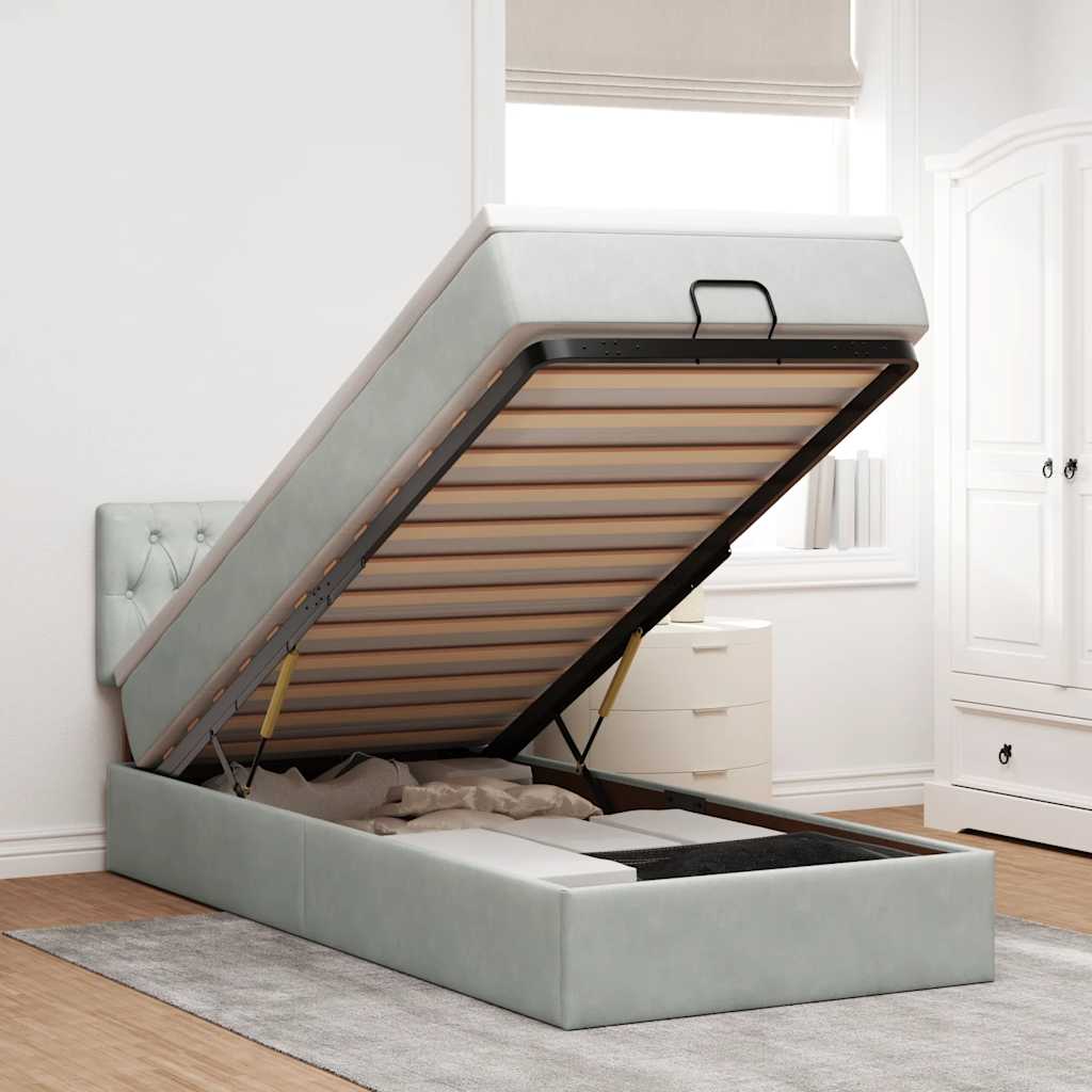 Cadre de lit ottoman et matelas gris clair 90x190 cm velours - XIOS