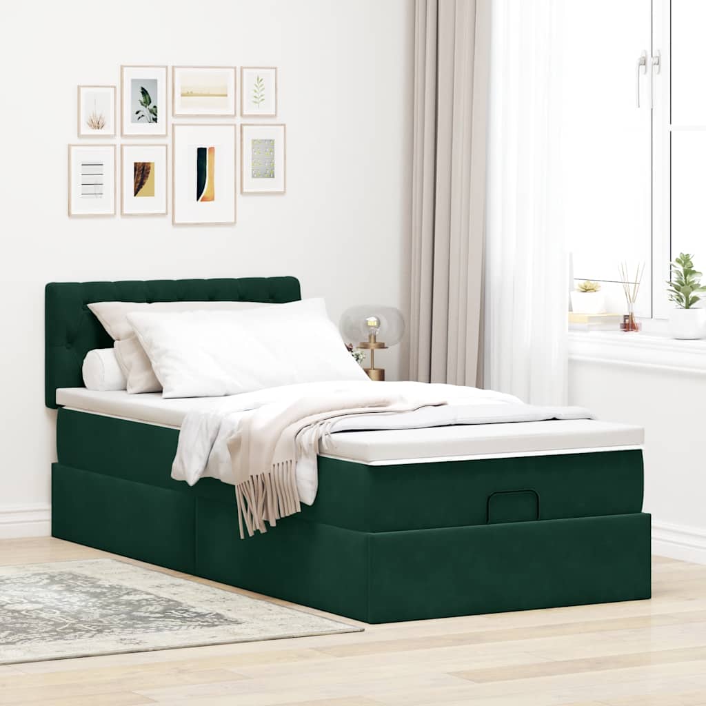 Cadre de lit ottoman avec matelas vert foncé 90x190 cm velours - XIOS