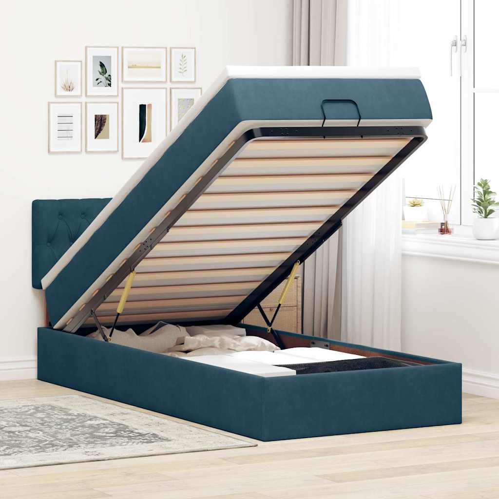 Cadre de lit ottoman avec matelas bleu foncé 90x190 cm velours - XIOS