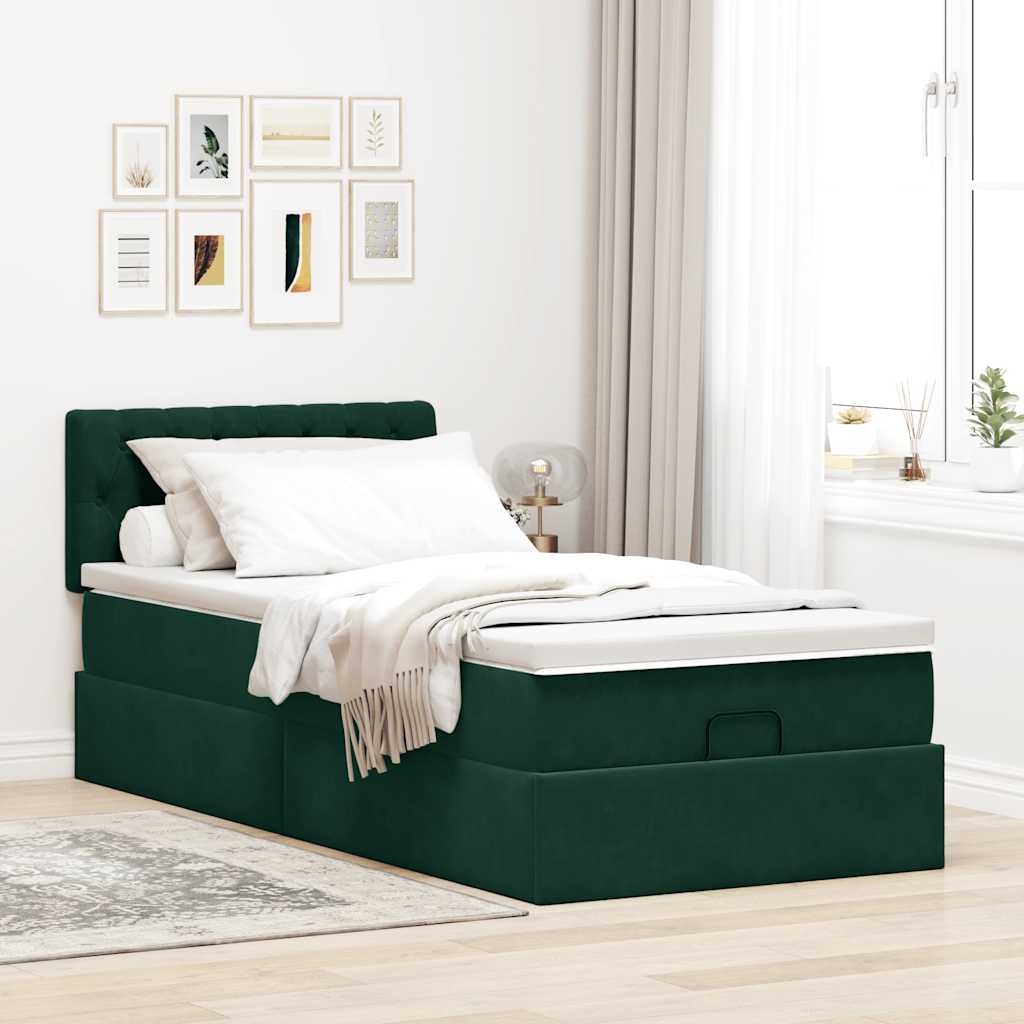Lit ottoman avec matelas et LED Vert foncé 90x200cm velours - XIOS