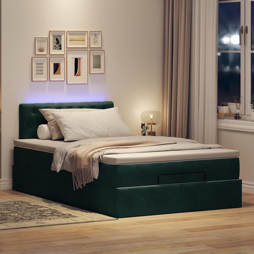 Lit ottoman avec matelas et LED vert foncé 90x200cm velours - XIOS