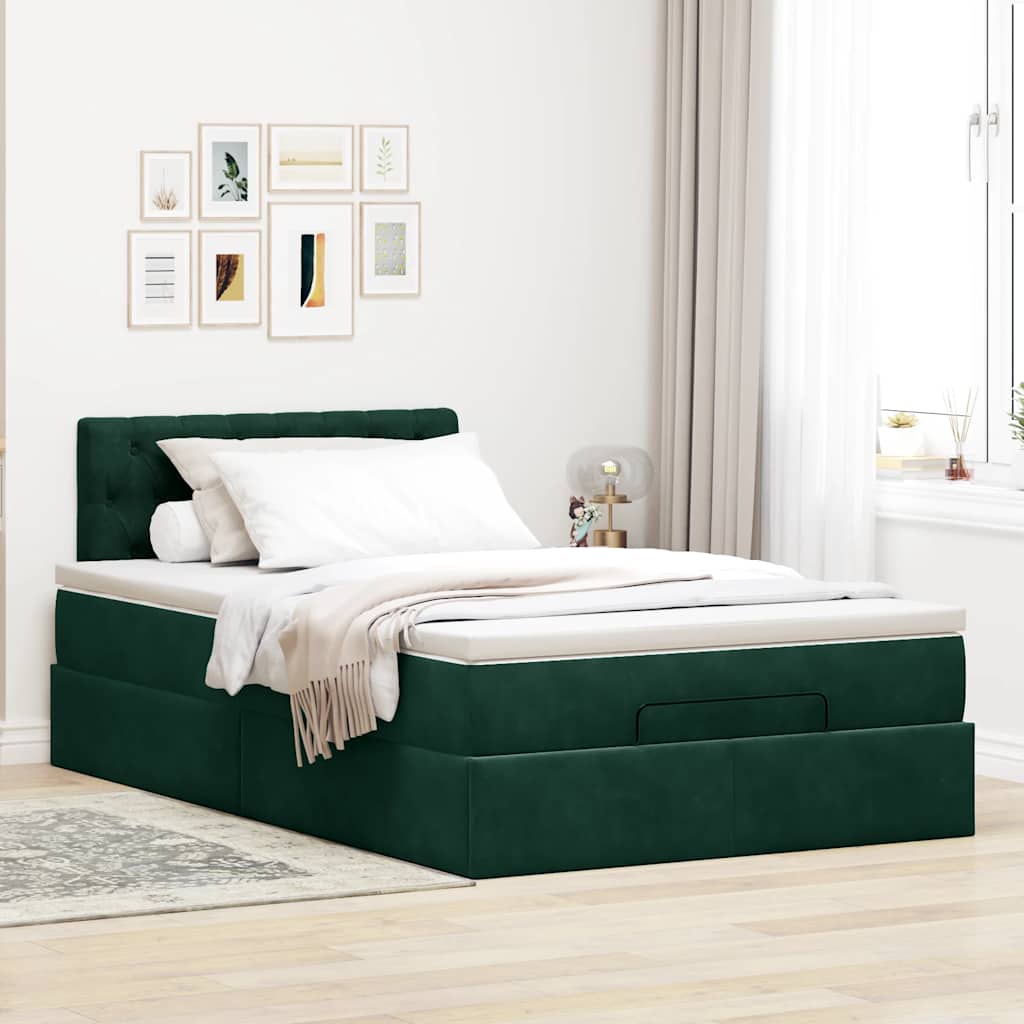 Lit ottoman avec matelas et LED vert foncé 90x200cm velours - XIOS