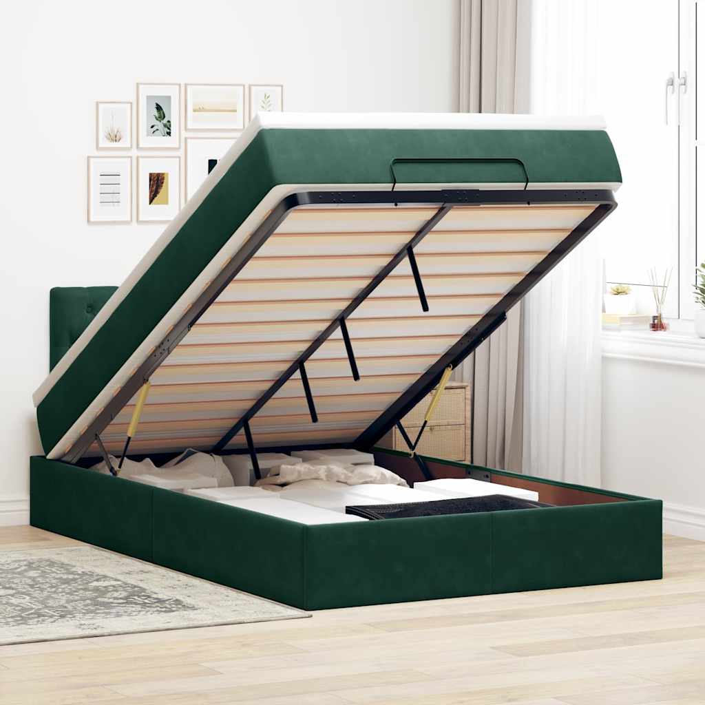 Lit ottoman avec matelas et LED vert foncé 90x200cm velours - XIOS