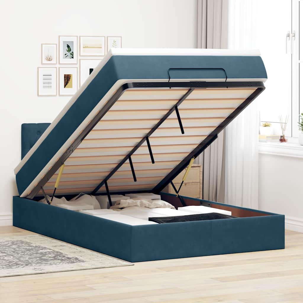 Lit ottoman avec matelas et LED bleu foncé 90x200cm velours - XIOS