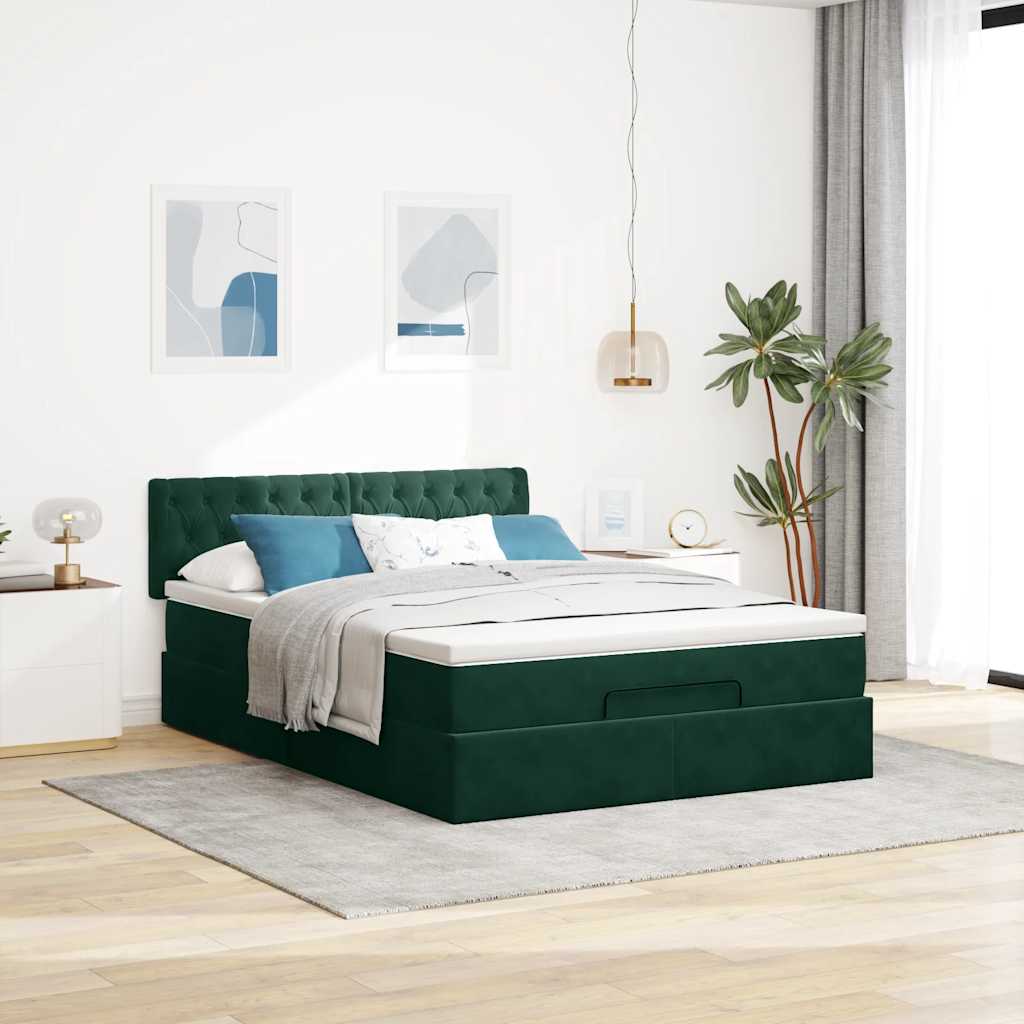 Cadre de lit ottoman avec matelas vert foncé 140x200 cm velours - XIOS
