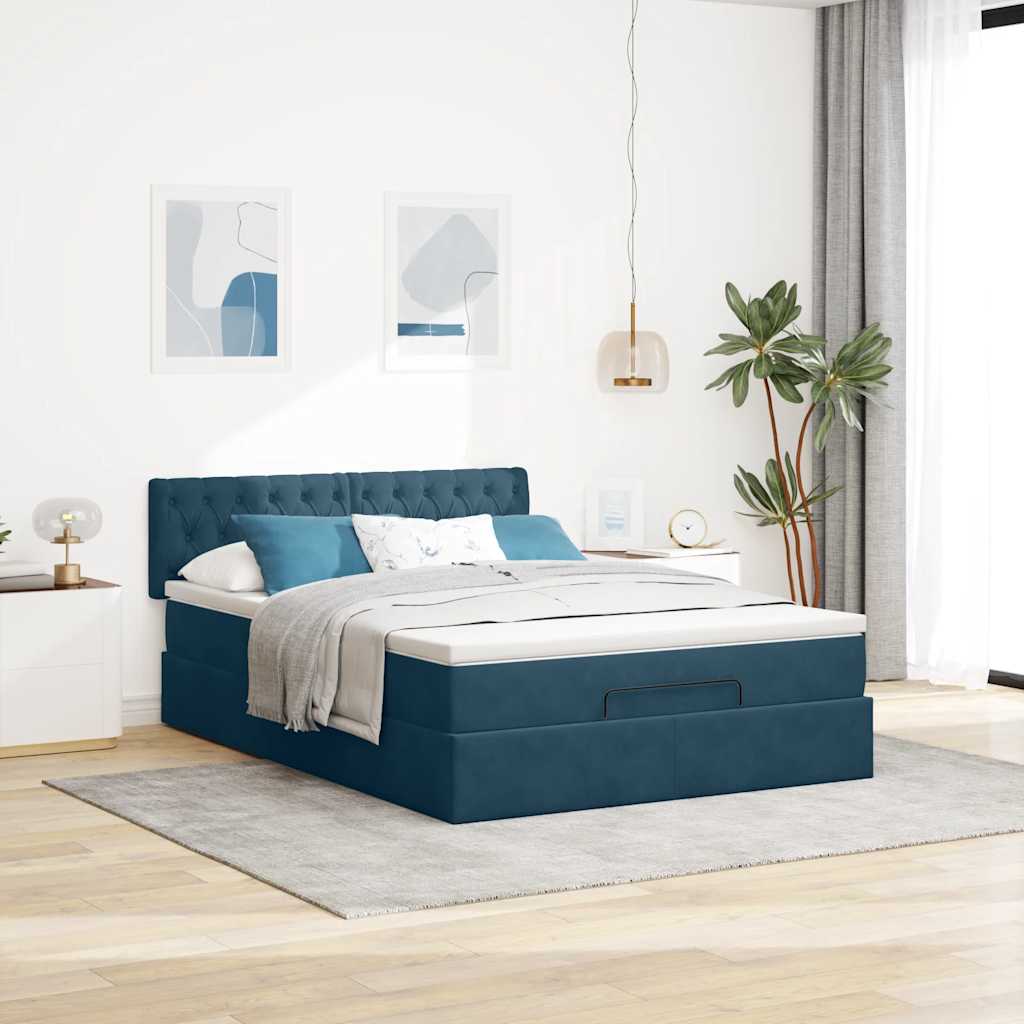 Cadre de lit ottoman avec matelas bleu foncé 140x200 cm velours - XIOS