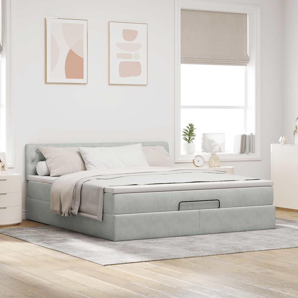 Cadre de lit ottoman avec matelas gris clair 160x200 cm velours - XIOS