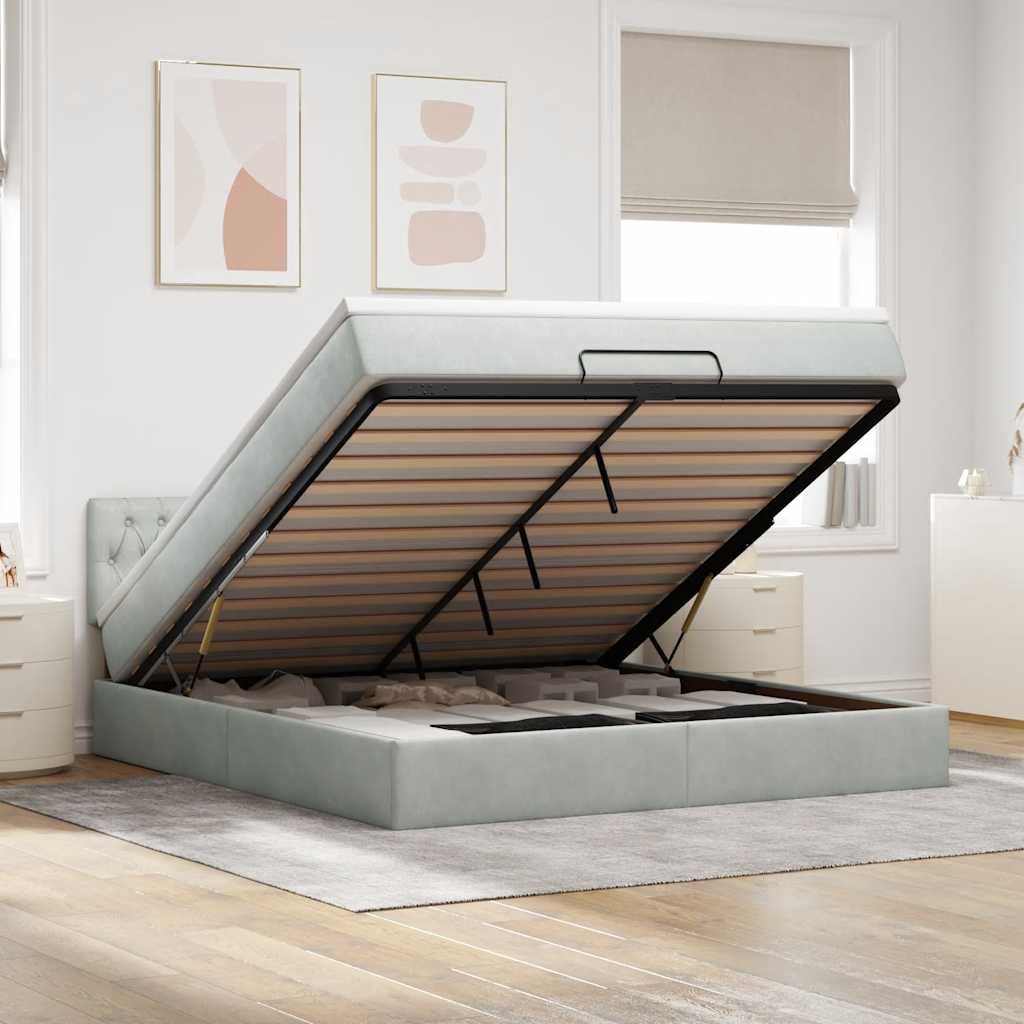 Cadre de lit ottoman avec matelas gris clair 160x200 cm velours - XIOS