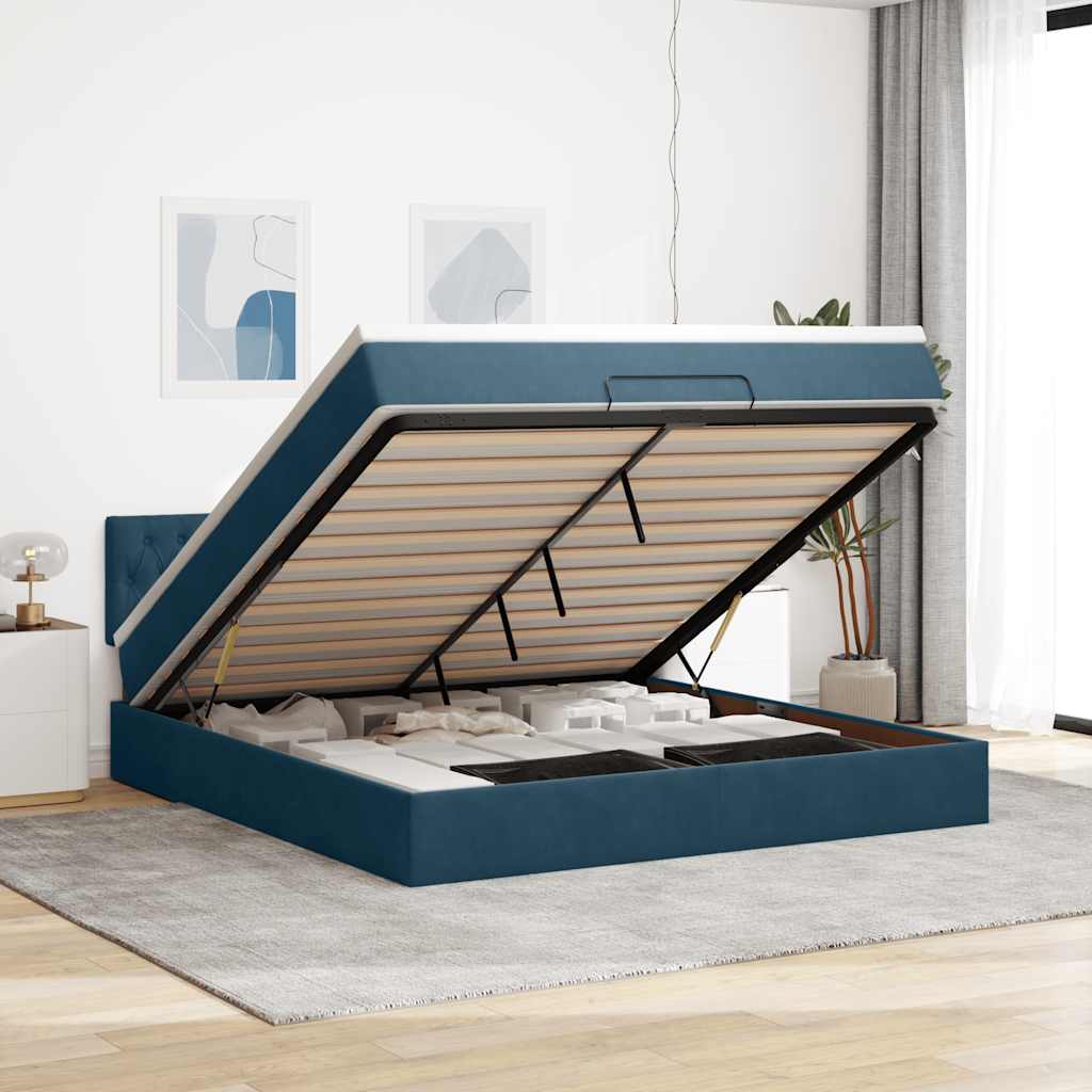 Cadre de lit ottoman avec matelas bleu foncé 160x200 cm velours - XIOS