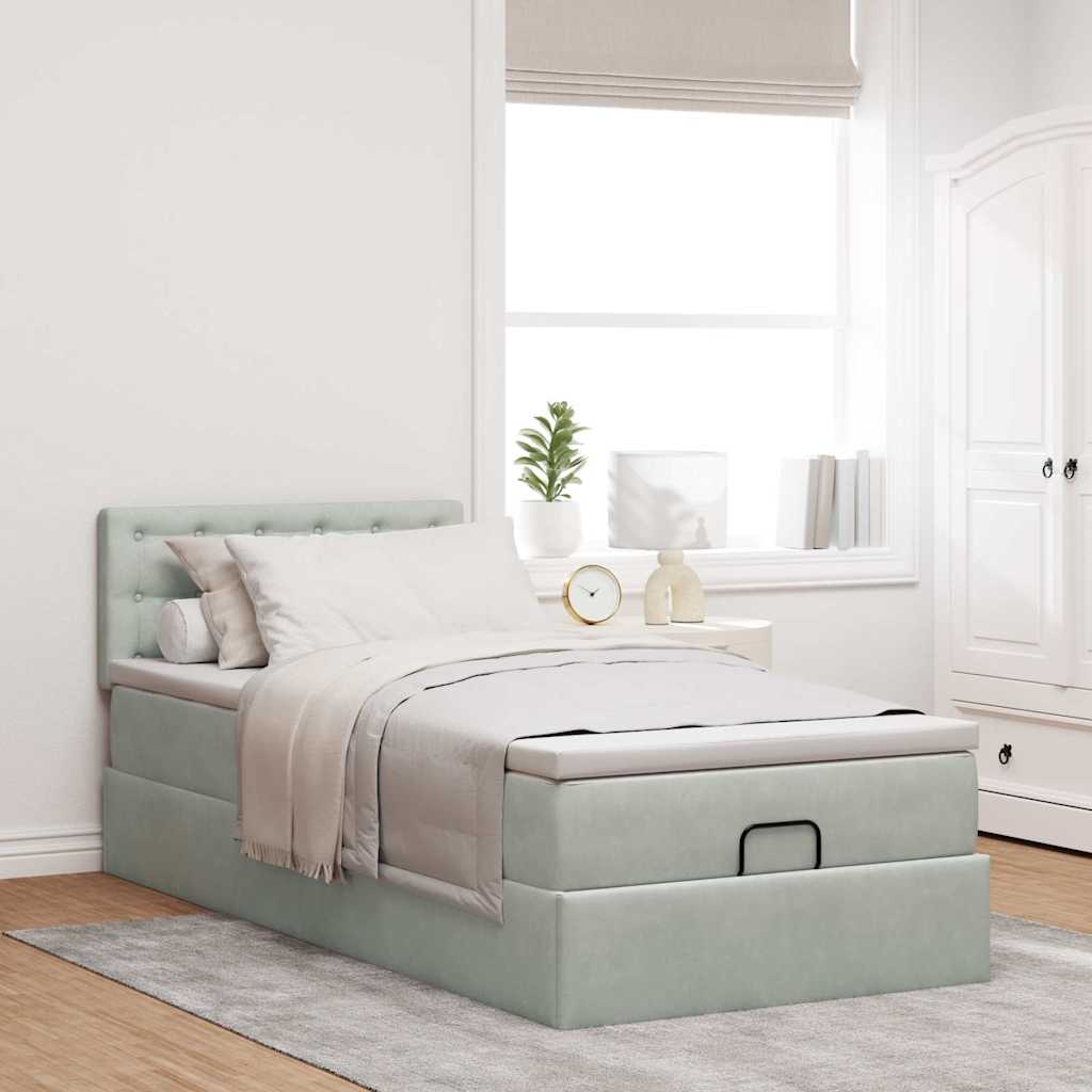 Cadre de lit ottoman et matelas gris clair 90x190 cm velours - XIOS
