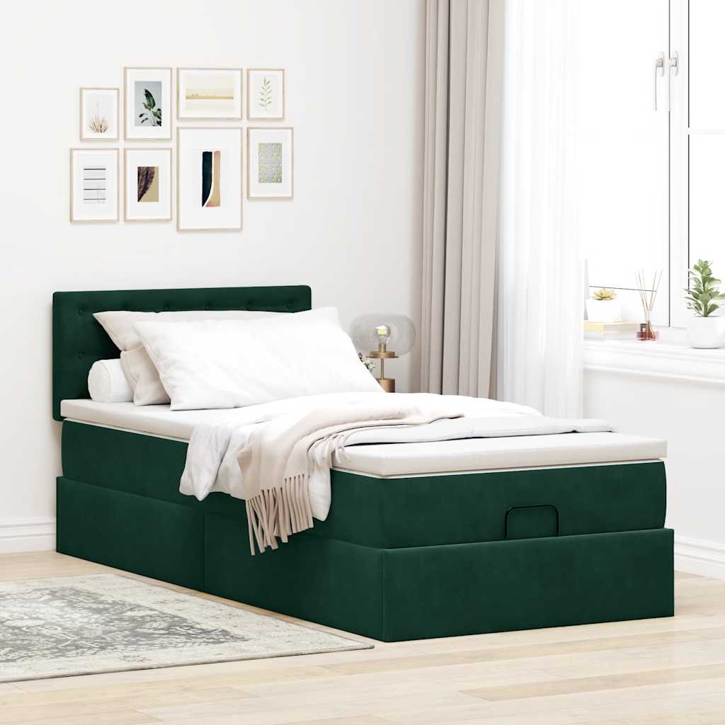 Cadre de lit ottoman avec matelas vert foncé 90x190 cm velours - XIOS