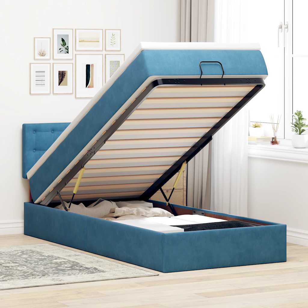 Cadre de lit ottoman avec matelas bleu foncé 90x190 cm velours - XIOS
