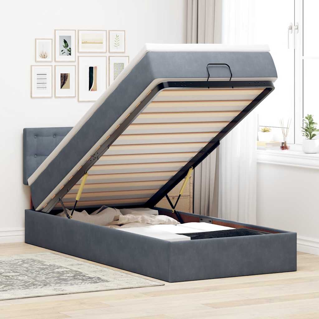 Cadre de lit ottoman et matelas gris foncé 90x200 cm velours - XIOS