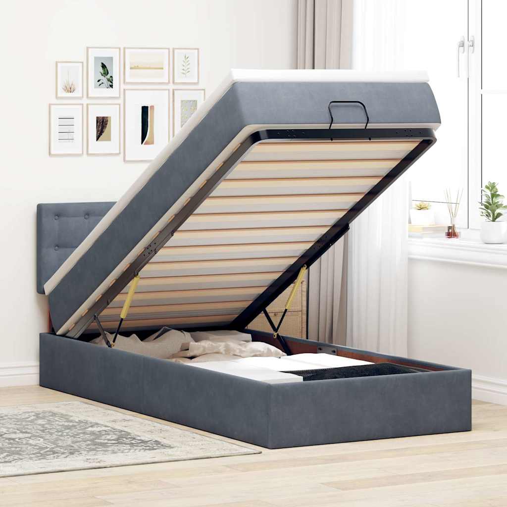 Cadre de lit ottoman avec matelas gris foncé 100x200 cm velours - XIOS