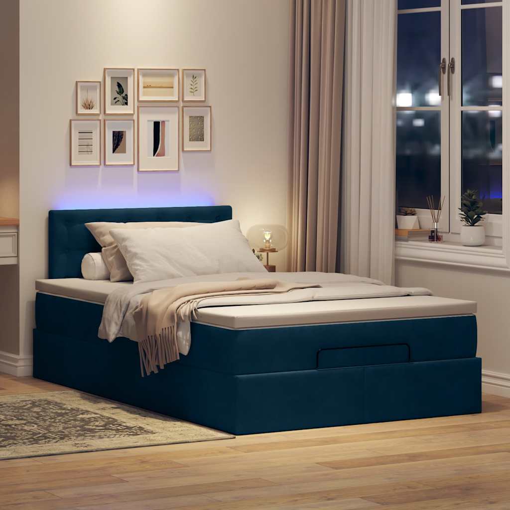 Lit ottoman avec matelas et LED bleu foncé 90x200cm velours - XIOS