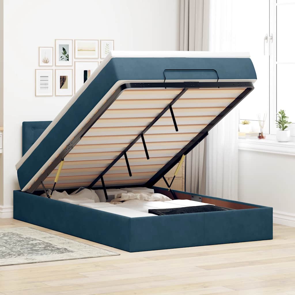 Lit ottoman avec matelas et LED bleu foncé 90x200cm velours - XIOS