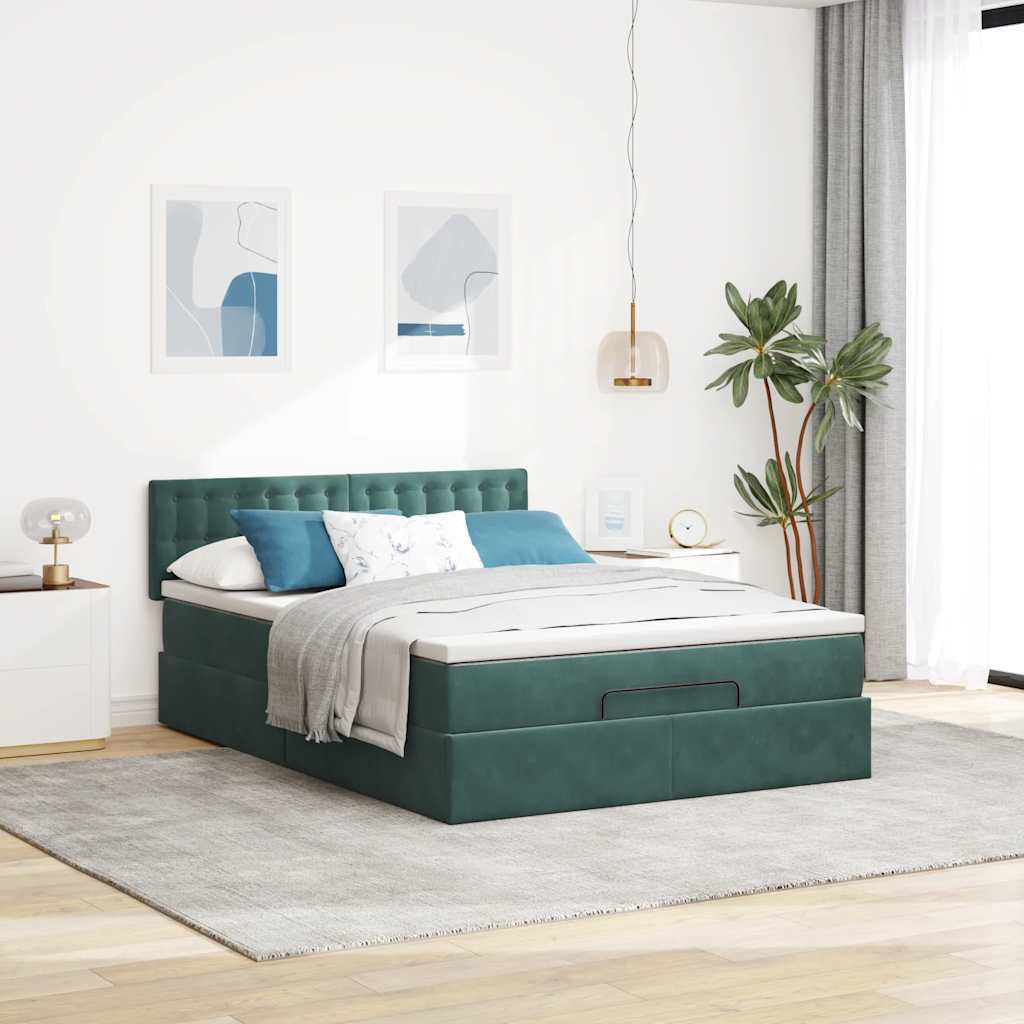 Cadre de lit ottoman avec matelas vert foncé 140x190 cm velours - XIOS