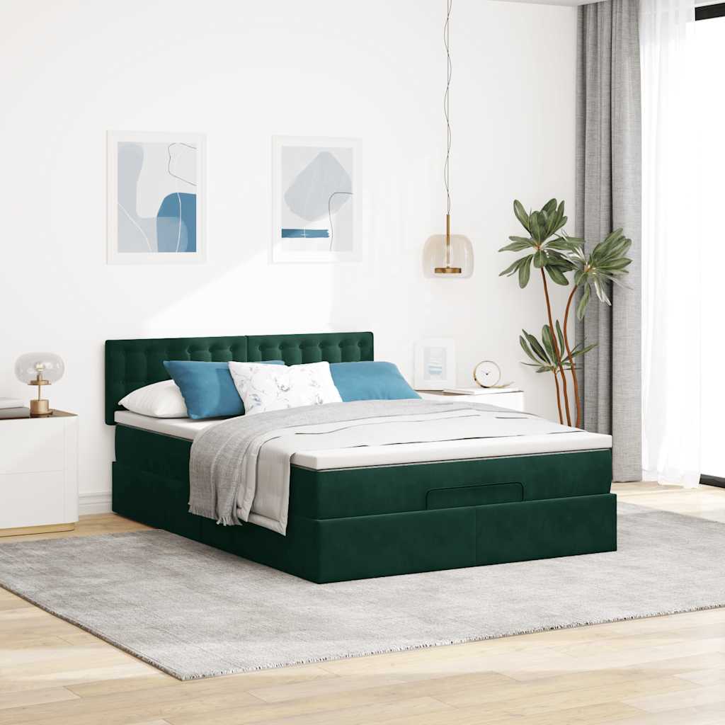 Cadre de lit ottoman avec matelas vert foncé 140x190 cm velours - XIOS
