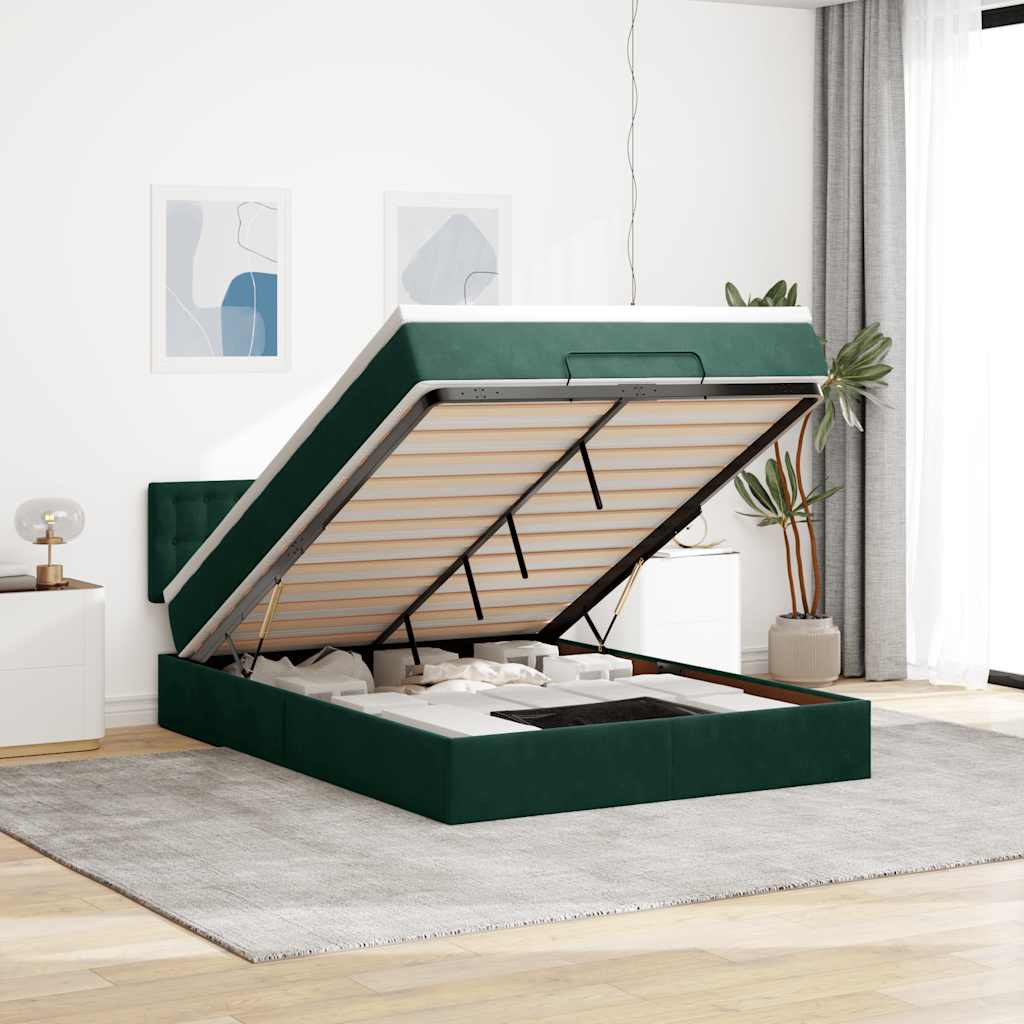 Cadre de lit ottoman avec matelas vert foncé 140x200 cm velours - XIOS