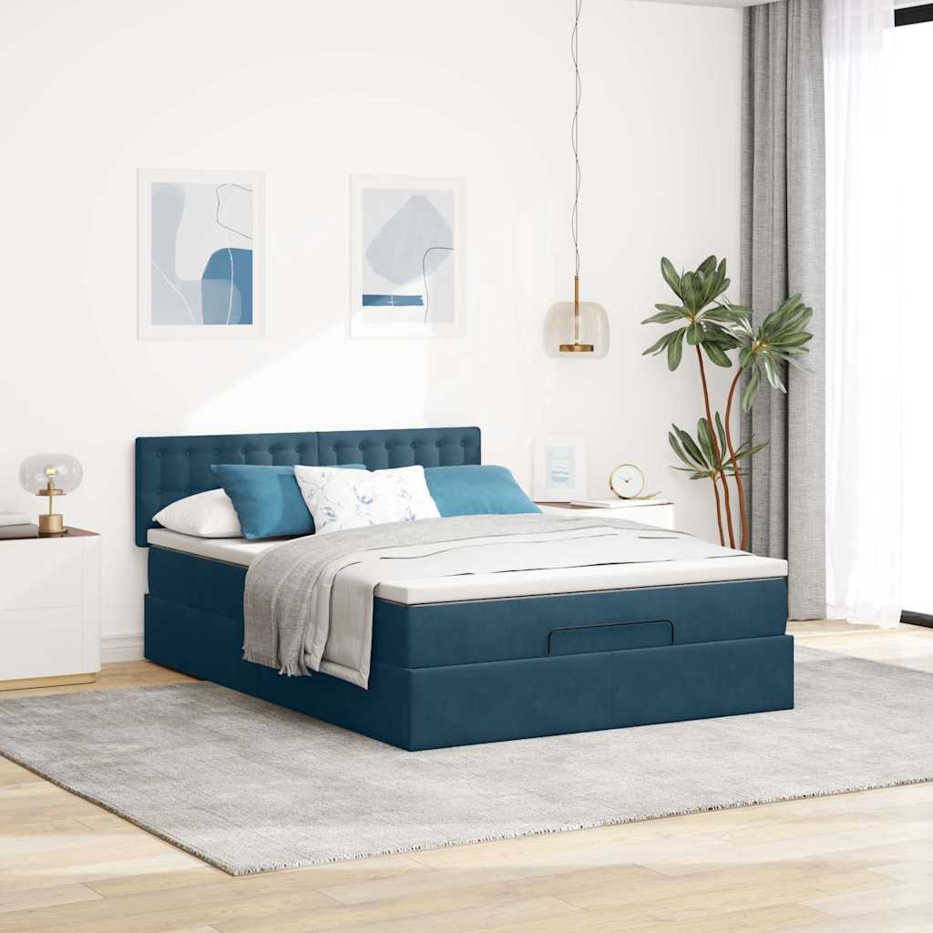 Cadre de lit ottoman avec matelas bleu foncé 140x200 cm velours - XIOS