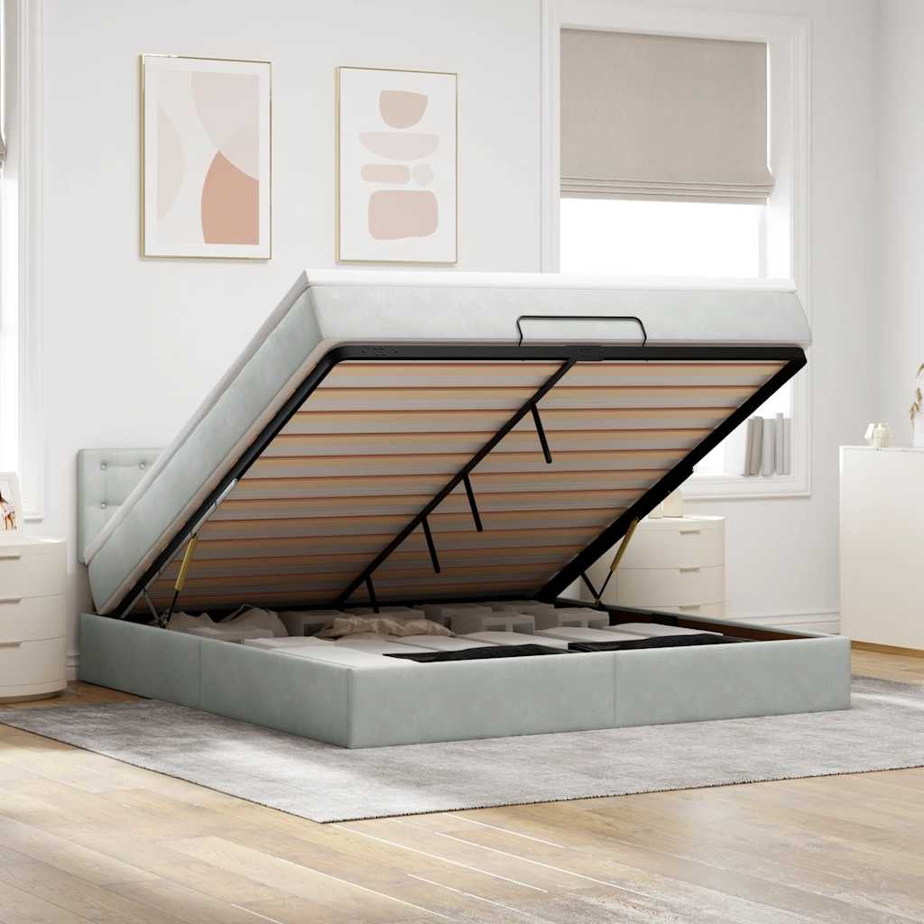 Cadre de lit ottoman avec matelas gris clair 160x200 cm velours - XIOS