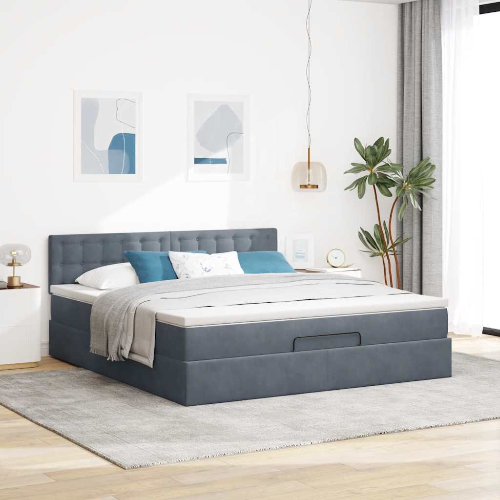 Cadre de lit ottoman avec matelas gris foncé 160x200 cm velours