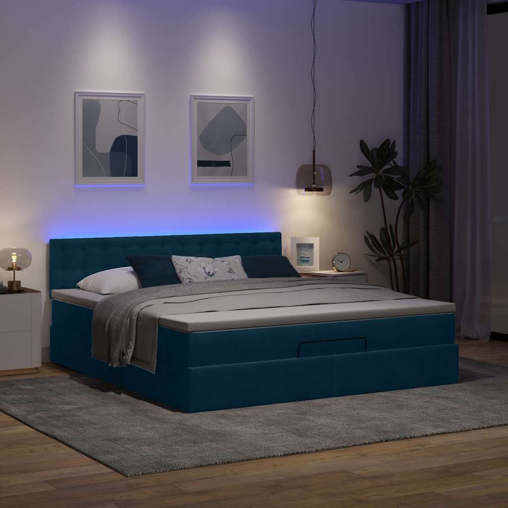 Cadre de lit ottoman avec matelas bleu foncé 160x200 cm velours